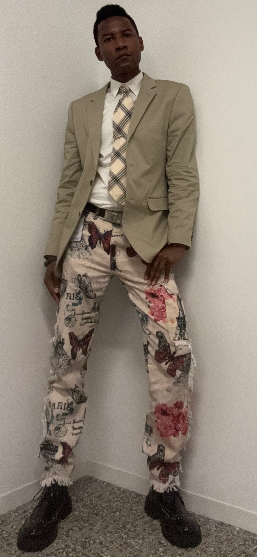 Men's Butterfly Print Straight Leg Jeans With Fringed Edges