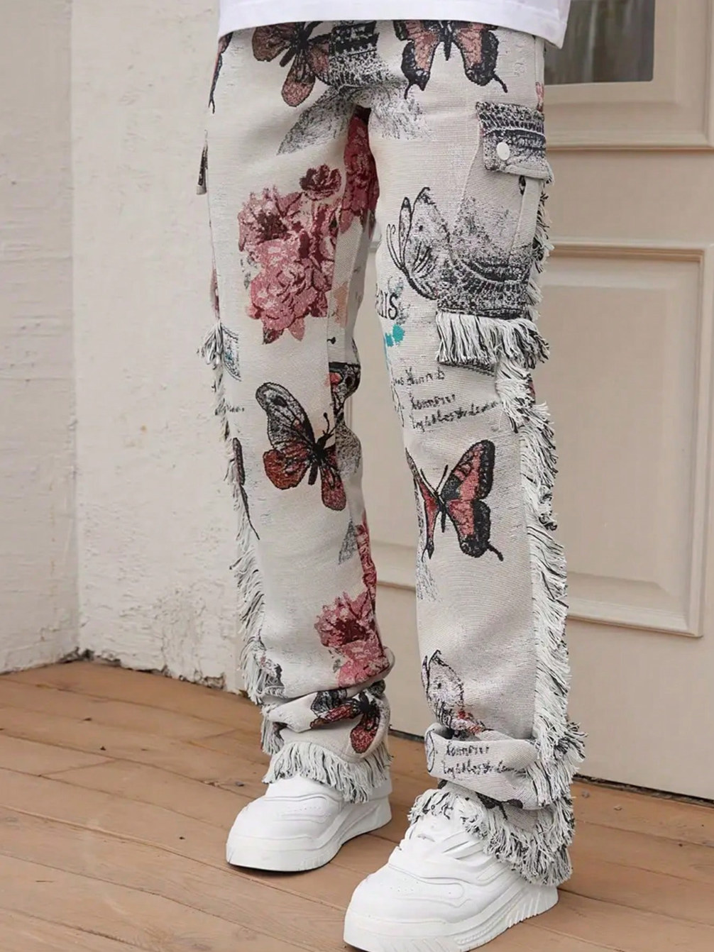 Men's Butterfly Print Straight Leg Jeans With Fringed Edges