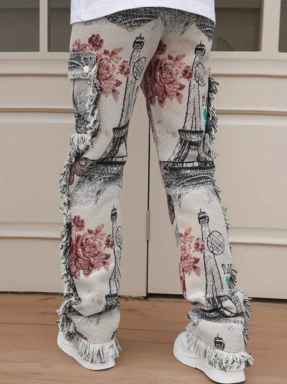 Men's Butterfly Print Straight Leg Jeans With Fringed Edges