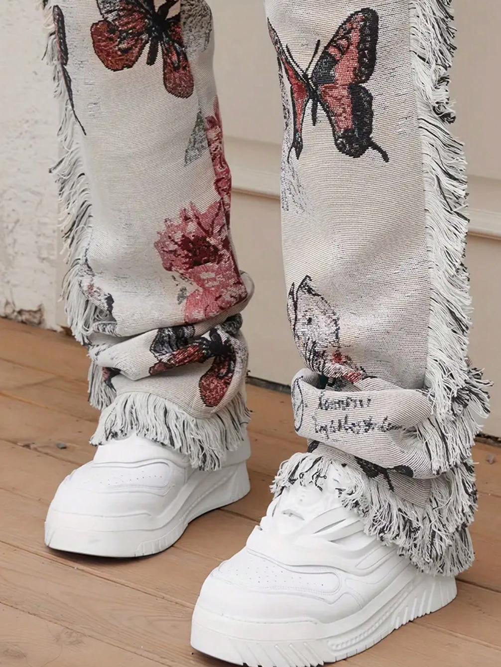 Men's Butterfly Print Straight Leg Jeans With Fringed Edges