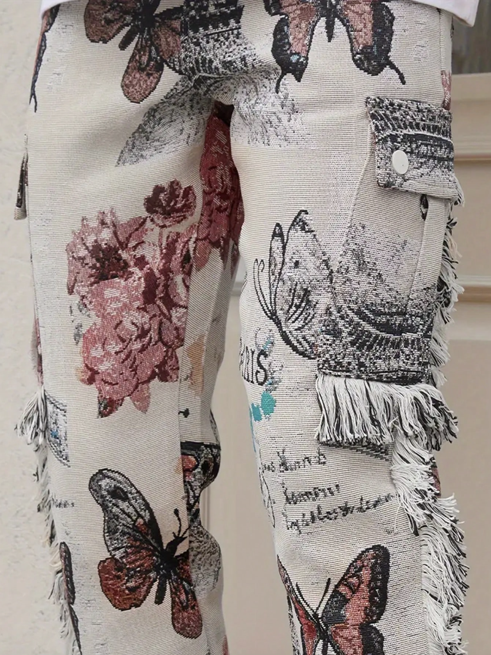 Men's Butterfly Print Straight Leg Jeans With Fringed Edges