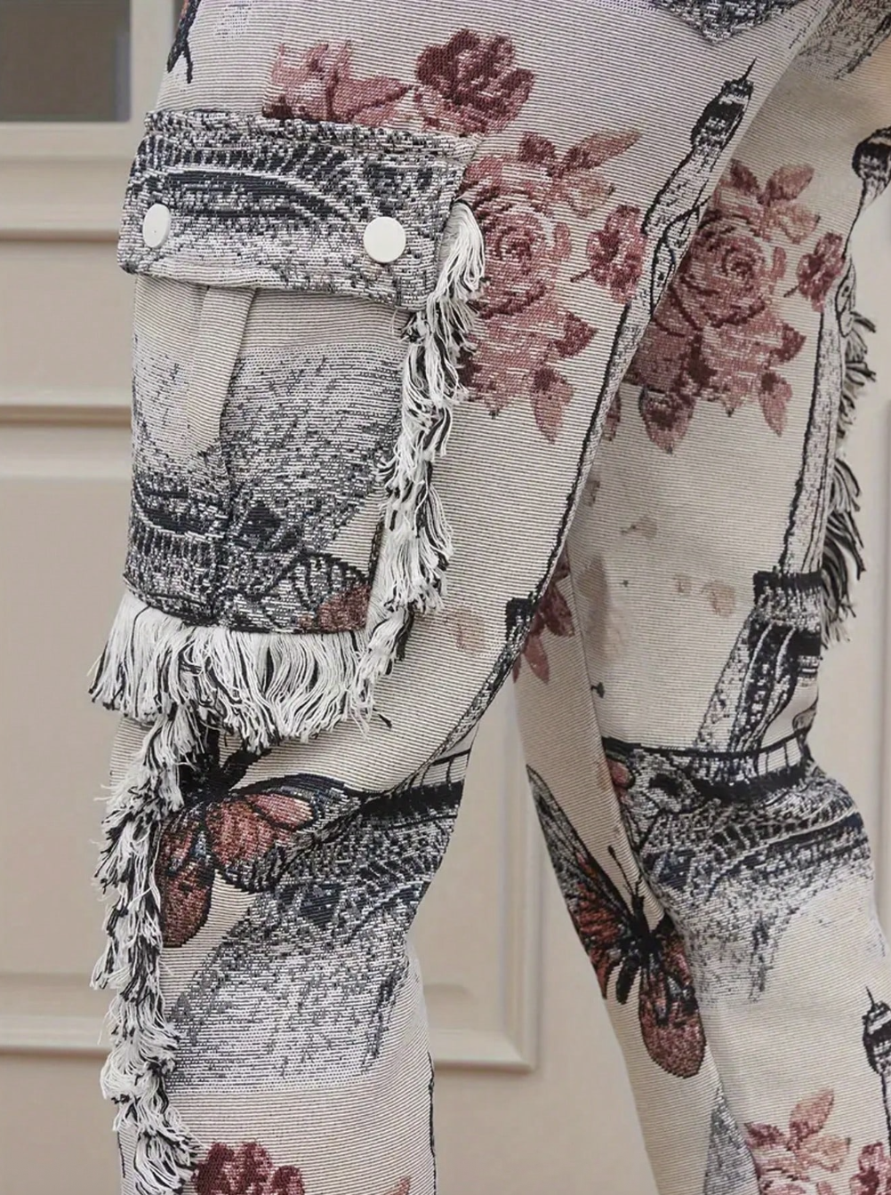 Men's Butterfly Print Straight Leg Jeans With Fringed Edges