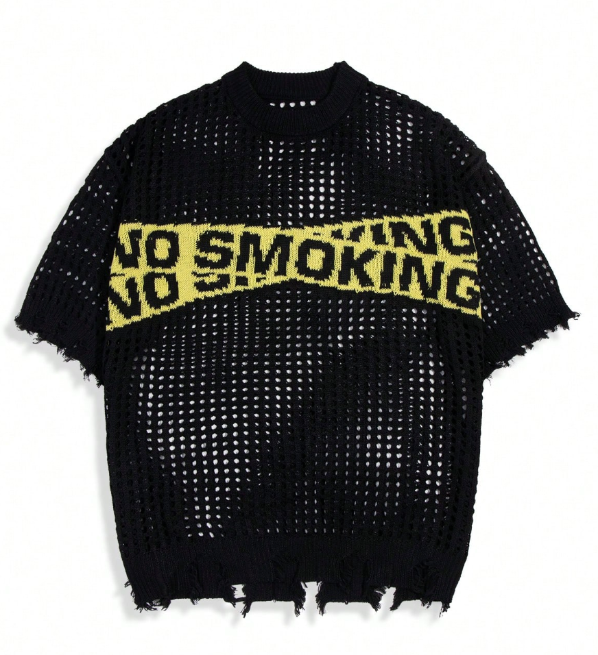Men's Casual Loose Hollow Letter Print Round Neck Short Sleeve Pullover Top, Sporty College Style, Spring/Summer, Emo