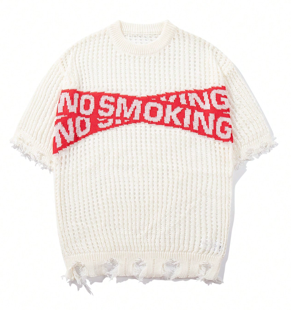 Men's Casual Loose Hollow Letter Print Round Neck Short Sleeve Pullover Top, Sporty College Style, Spring/Summer, Emo